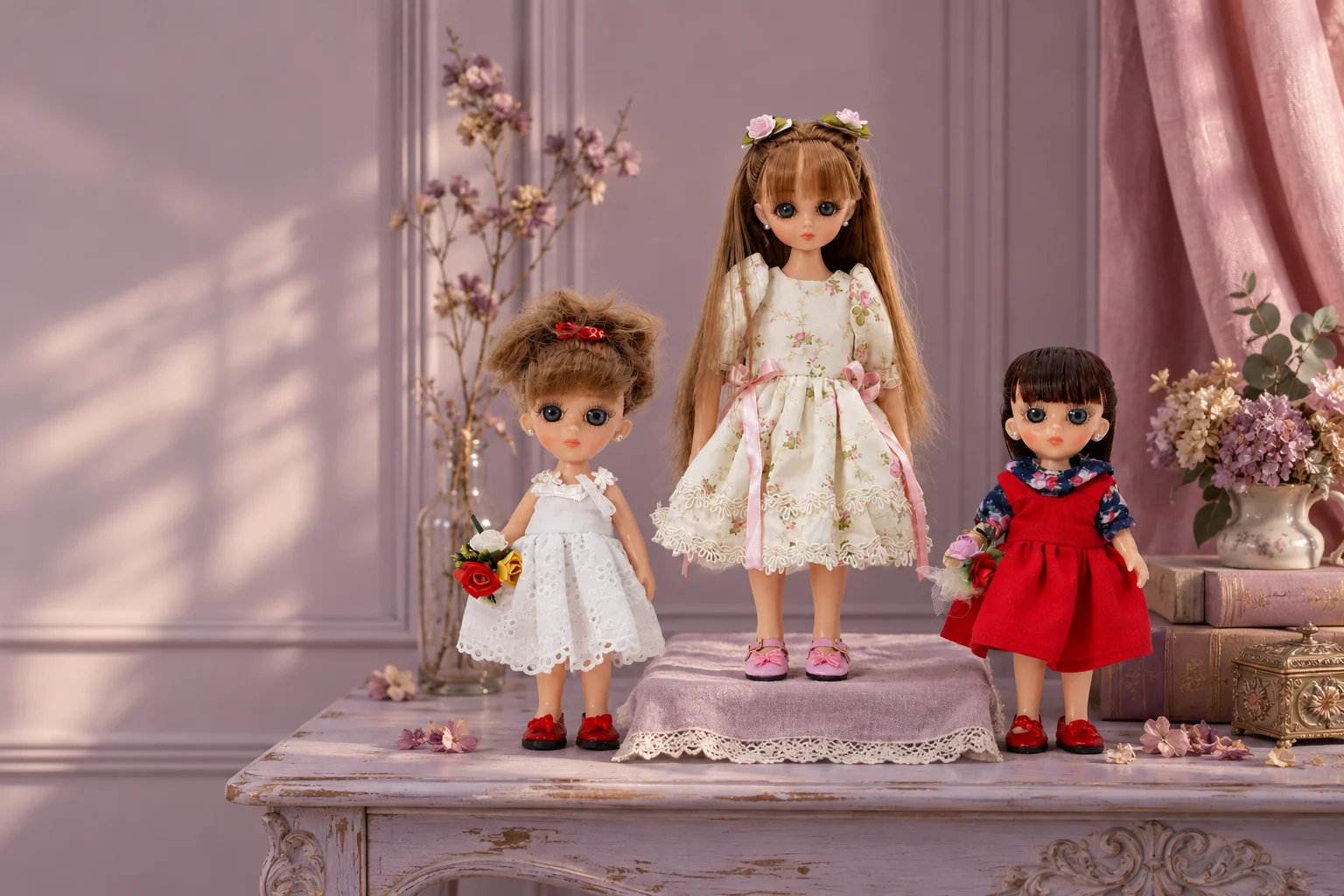Tres muñecas de colección con vestidos de encaje, flores y tonos rojos, en un ambiente lavanda
