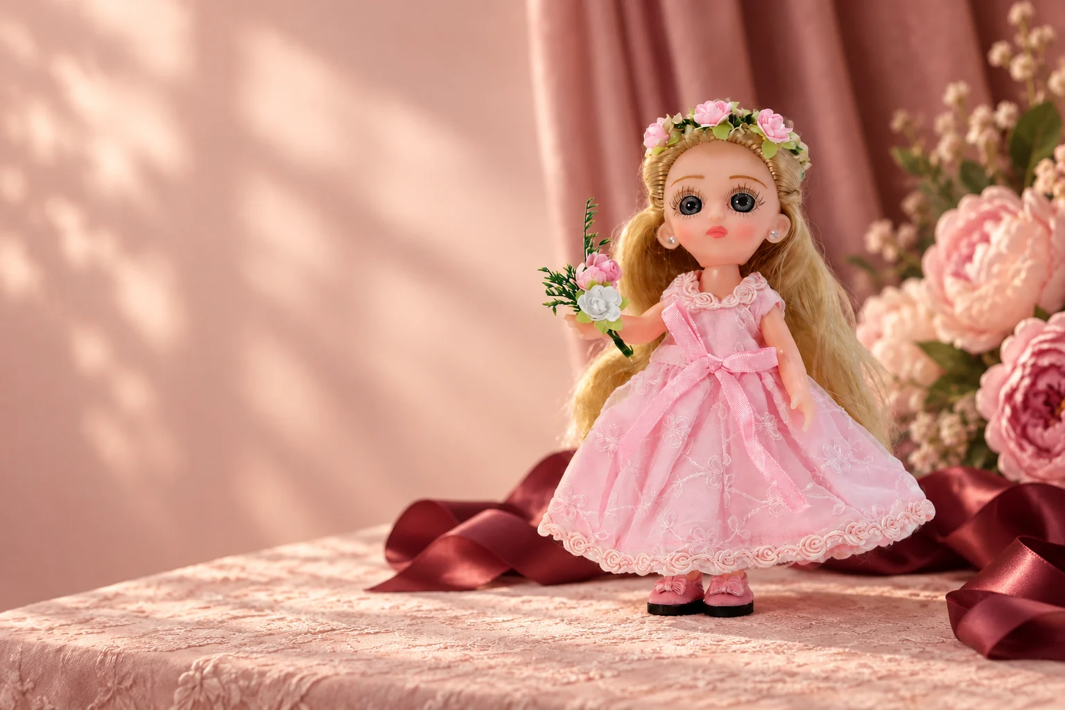 Muñeca de vestido rosa y corona de flores, entre listones y peonías
