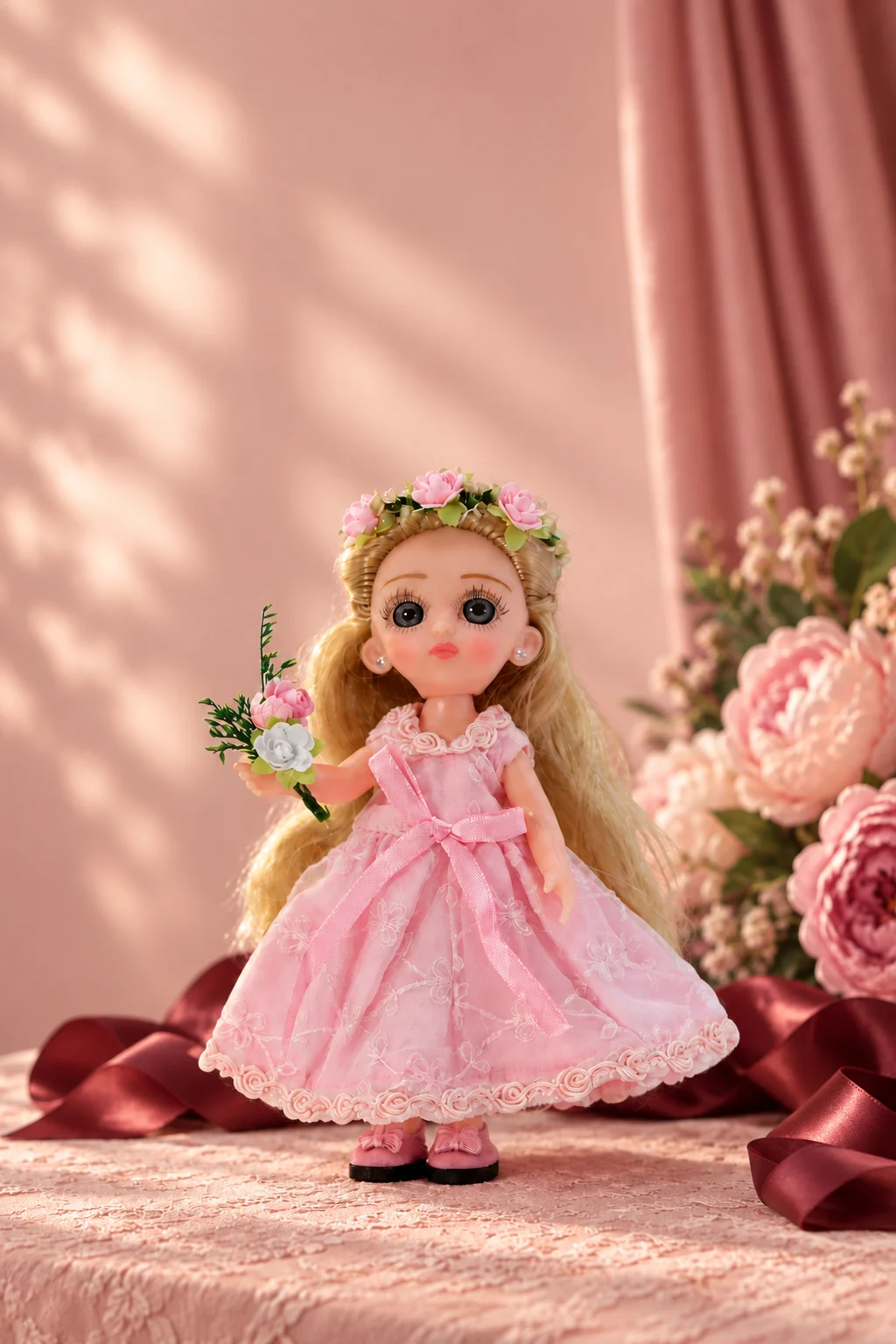 Muñeca rosa con flores y listón de satén
