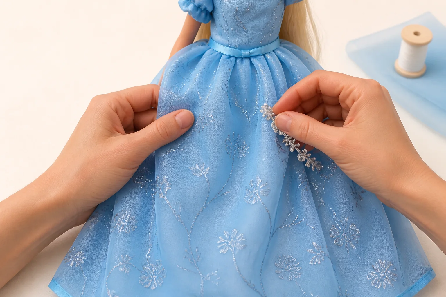 Manos y vestido azul en una composición de personalización