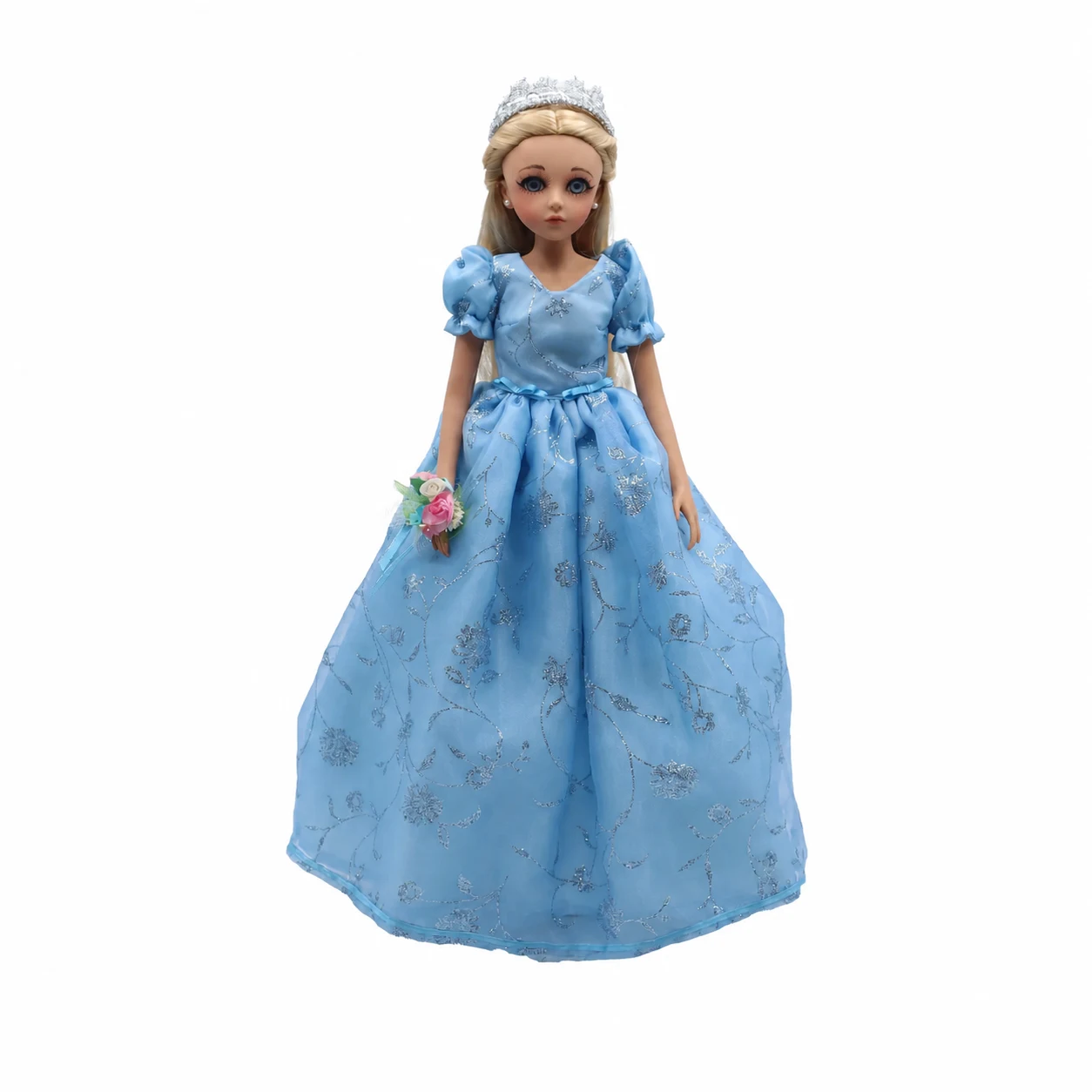 Vista frontal completa de una muñeca de XV años con vestido azul