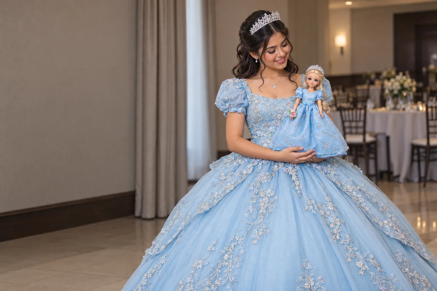 Quinceañera y muñeca con vestidos azules coordinados en un salón de eventos