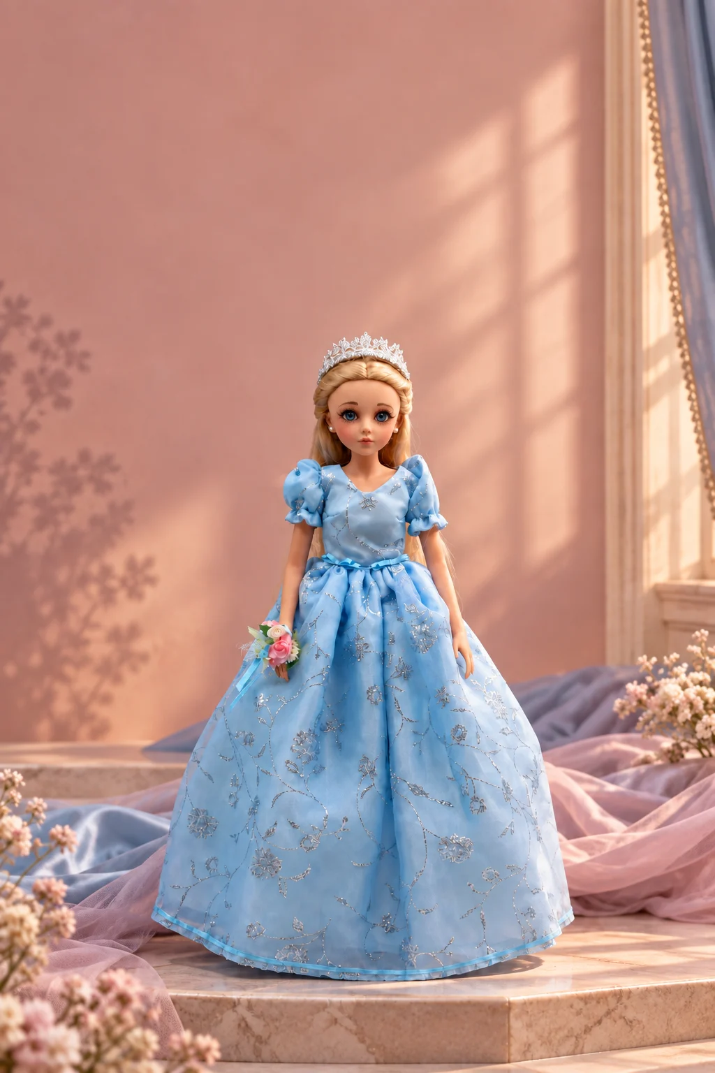 Muñeca de XV con vestido azul bordado, tiara y ramo